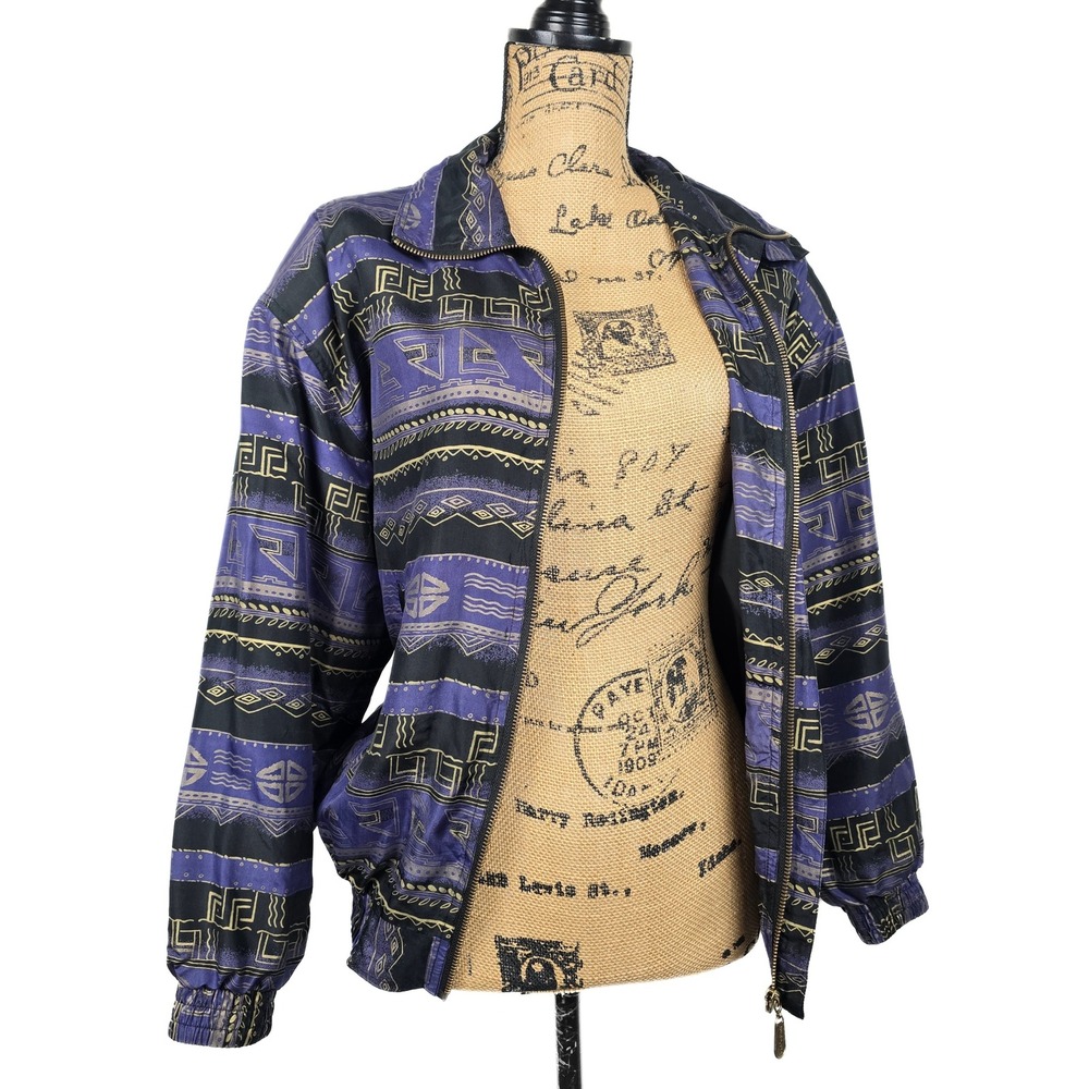 Fuda International Vintage 100% Silk Bomber Jacket Purple Tribal Geometric Small